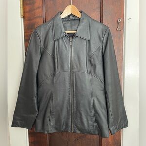 Women’s Black Leather Jacket Y2K 90s Vintage Zip Size Medium Jacqueline Ferrar